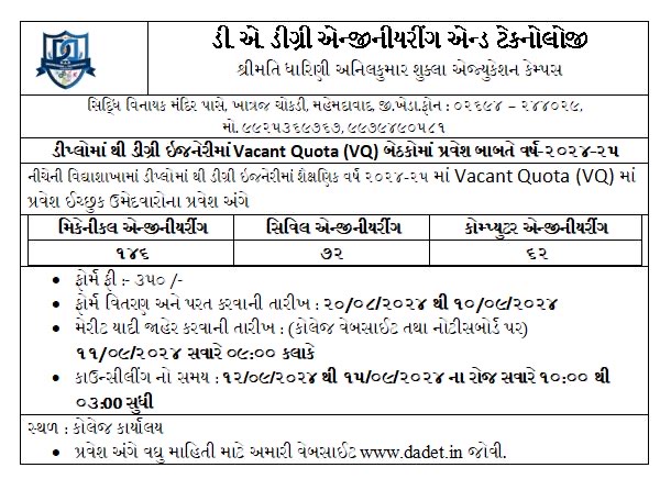 D2D Vacant Quata Admission-2024-25